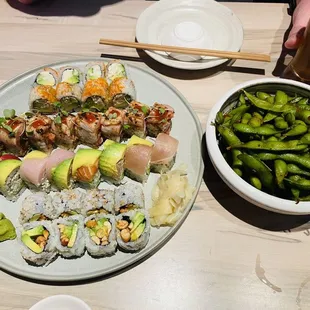 Peanut avocado roll, rainbow roll, chili roll, California roll, edamame, Sapporo