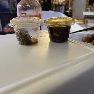 Side be side comparison of fresh sauce given on the right and the old sauce going bad on the left, same day