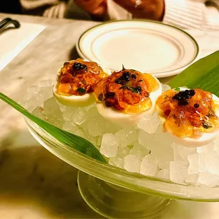 Deviled Egg Egg Egg  BOILED EGGS WITH SEA URCHIN, CAVIAR, TOSA VINEGAR JELLY, DASHI, WASABI, KARASHI (JAPANESE MUSTARD), HOUSE MAYO, SHISO