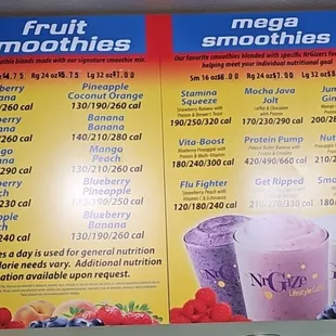 Fruit &amp; Mega Smoothy Menu