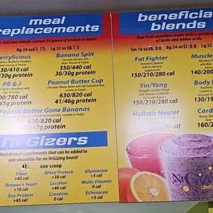 Meal Replacement Smoothy Menu