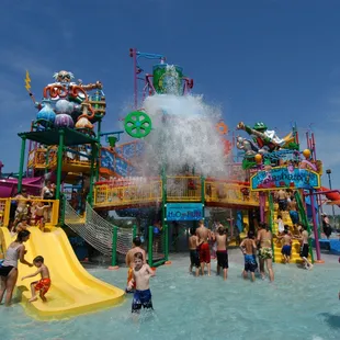 Frogstein&apos;s Splashatory is a five-level interactive water playground featuring six waterslides and a 317-gallon tipping beaker.