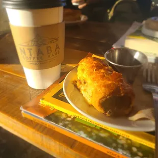 Sausage roll with side of chutney and 16oz white chocolate caramel mocha latte.