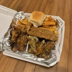 The wing platter with fish and french fries