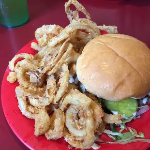 Burger of some sort (can&apos;t remember...I&apos;ve slept since then) and the best onion rings ever!