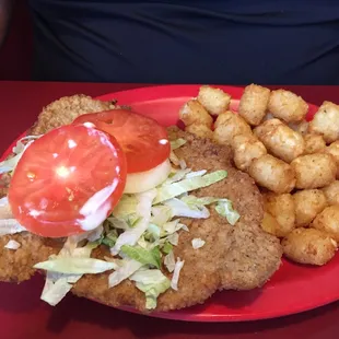 Jumbo pork tenderloin sandwich (lid removed) with tots...damn good