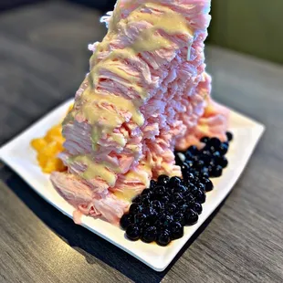 Strawberry Shaved Ice with Boba and Flan Pudding