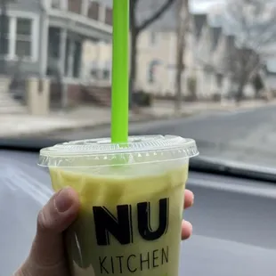 Iced matcha latte with oat milk