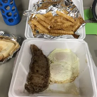 Steak and eggs and fries well done.  Very good !!!!