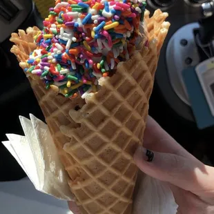 Chocolate and Vanilla Swirl in Waffle cone with Rainbow sprinkles!!! Delicious and affordable!!!