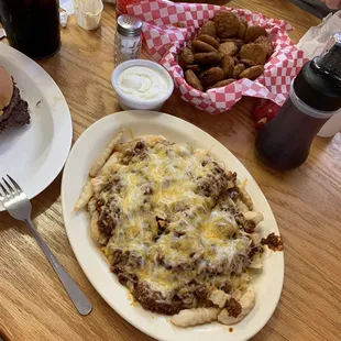 Chili fries and fried pickles