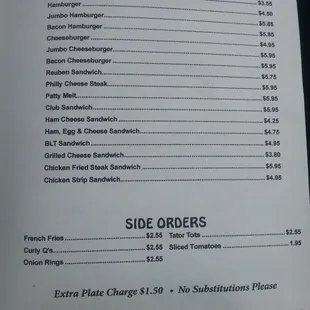 Sandwiches &amp; Side Order Prices