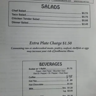 Prices for salads &amp; beverages