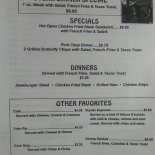 Steaks, Specials, Dinners &amp; Favorites