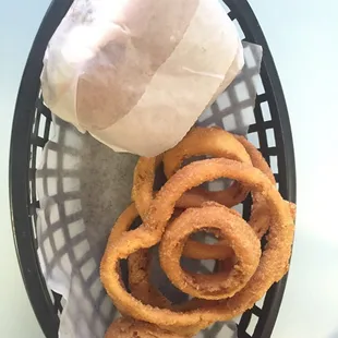 Small nu-way burger and hand-breaded onion rings