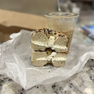 Everything bagel with cream cheese and caramel latte