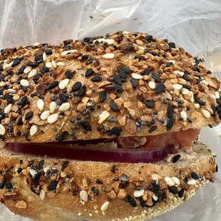 Spicy everything bagel w/ harissa shmear and smoked salmon!