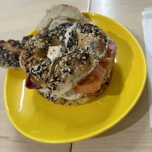 Everything bagel, Harissa schmear, smoked lox, fresh veggies. Mmmmmmmm!!!