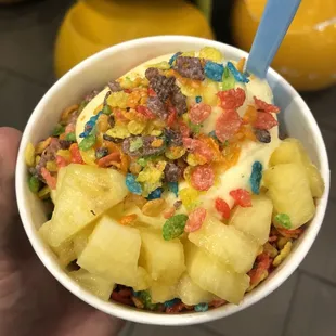 Pineapple dole whip with pineapple and fruity pebbles