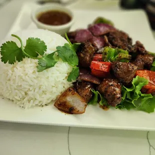 a plate of food with rice and meat