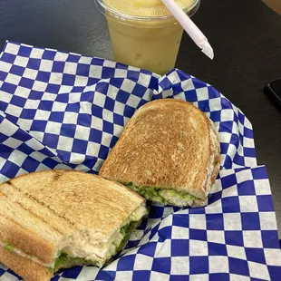 Chicken pesto panini, island breeze smoothie.