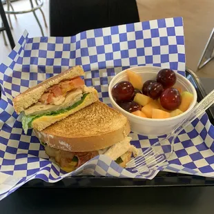 Chicken , bacon cheese in panini and a cup of fruit