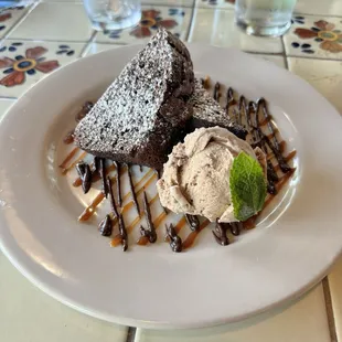 Warm chocolate cake with cinnamon ice cream.