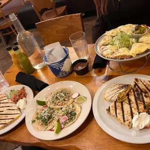 Chicken Quesadillas, chicken Taquitos, Nachos