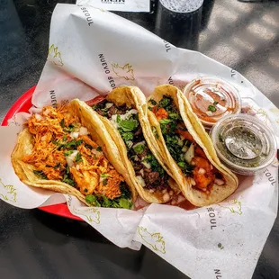 Three Taco Special - Gochujang Chicken, Bulgogi Beef and Gochujang Shrimp - at Nuevo Seoul