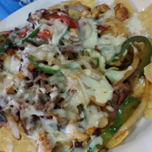 Steak and chicken fajita nachos