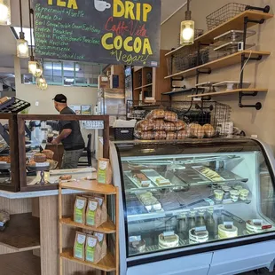 a display of drinks and desserts