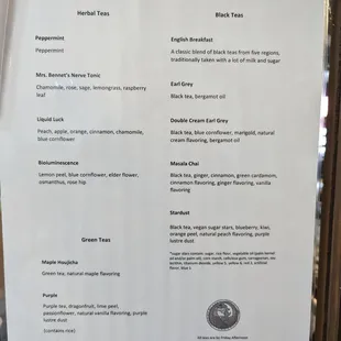 Tea menu, from local shop Friday Afternoon in Wallingford