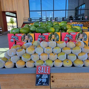 Brown Asian Pears $2.99 per pound and Organic Keitt Mango $4.99 each as of 9/17/23