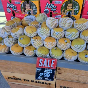 Brown Asian Pears $2.99 per pound. Organic Keitt Mango $4.99 each as of 9/17/23.