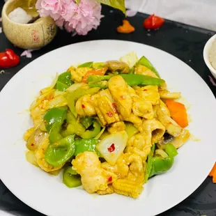 a plate of stir fried vegetables