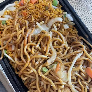 Chicken lo mein platter with vegetable fried rice