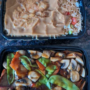 Egg Foo Young and Roast Pork with Mushrooms.