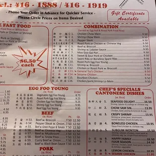the menu for the restaurant
