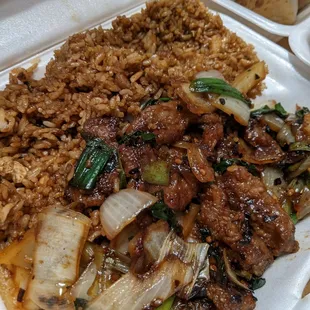 Mongolian Beef Combo. Great smokey flavor from the wok. Appreciate a nice ratio of meat and onions!