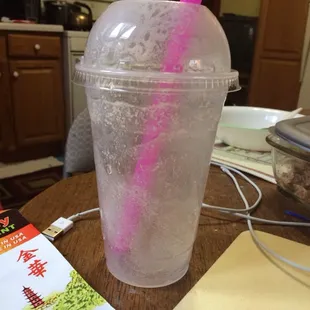 Empty container, was filled with pineapple/coconut smoothie.