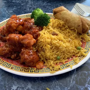 Orange chicken with pork fried rice;