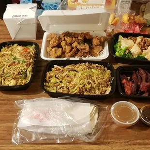 Singapore rice noodles, salt &amp; pepper pork chop,  honey walnut shrimp, pork moo shu - (w/ 5 wraps), boneless ribs