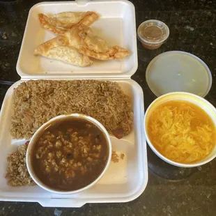 Luncheon special - crab rangoon, pork fried rice, shrimp with lobster sauce, and egg drop soup