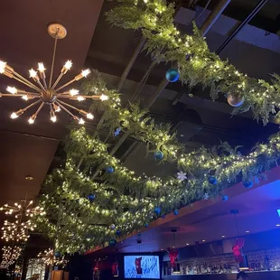 christmas decorations hanging from the ceiling