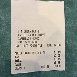 a receipt for a chinese buffet