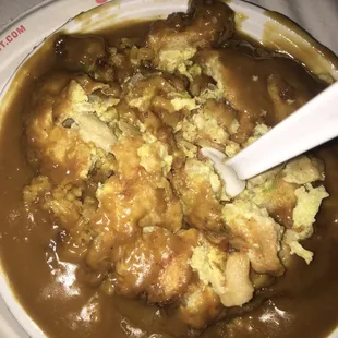 Chicken egg fu yung. They mix the gravy in for you
