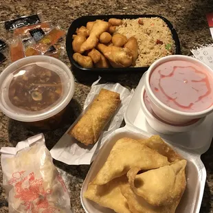 So much food! Whoa! Crab ragoons, sweet n sour chicken, pork fried rice, hot and sour soup, egg roll.
