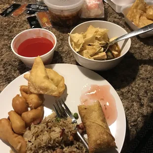 So much food! Whoa! Crab ragoons, sweet n sour chicken, pork fried rice, hot and sour soup, egg roll.