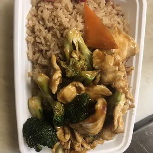 a meal in a styrofoam container