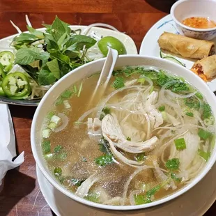 Pho shortly after being delivered along with the &quot;fixins&quot; and springrolls.